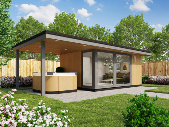 A garden building with a hot tub under a canopy.